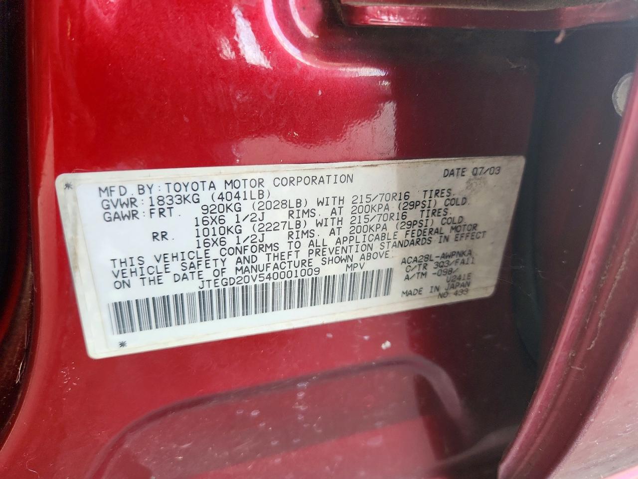 2004 Toyota Rav4 Base Maroon vin: JTEGD20V540001009