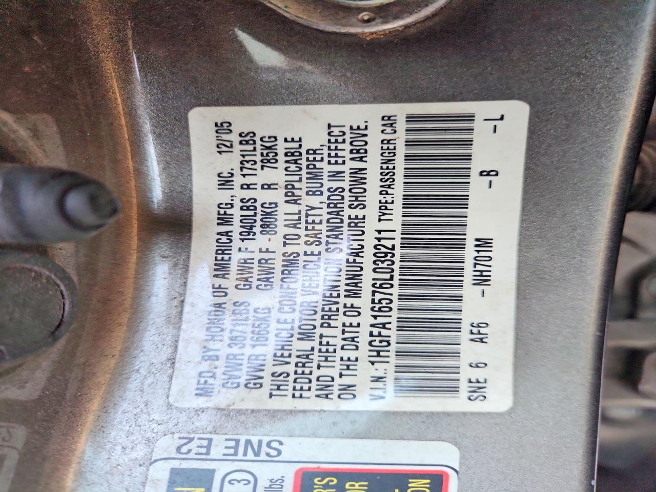 2006 Honda Civic Lx Серый vin: 1HGFA16576L039211