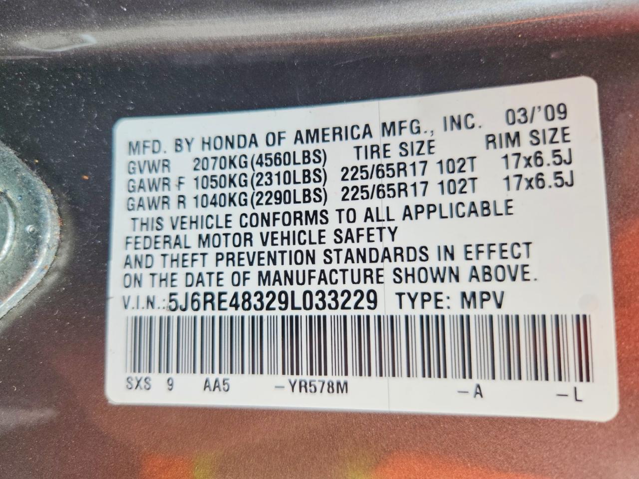 2009 Honda Cr-v Lx Brown vin: 5J6RE48329L033229