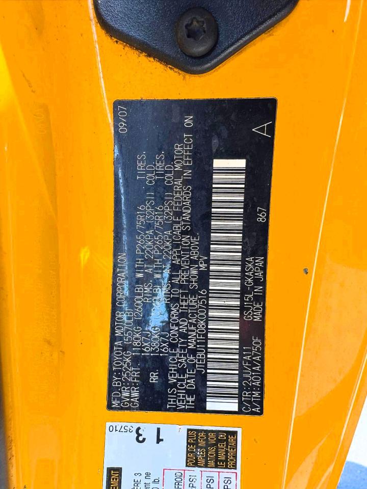2008 Toyota Fj Cruiser Base Yellow vin: JTEBU11F08K007516