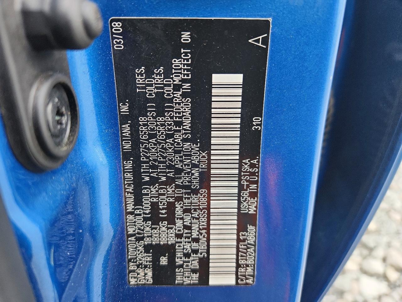 2008 Toyota Tundra Grade Blue vin: 5TBDV541X8S510859
