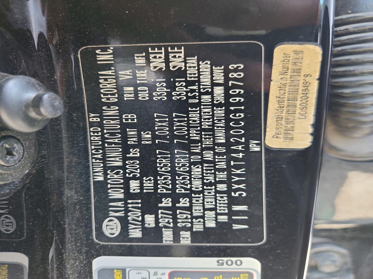 2012 Kia Sorento Lx Black vin: 5XYKT4A20CG199783