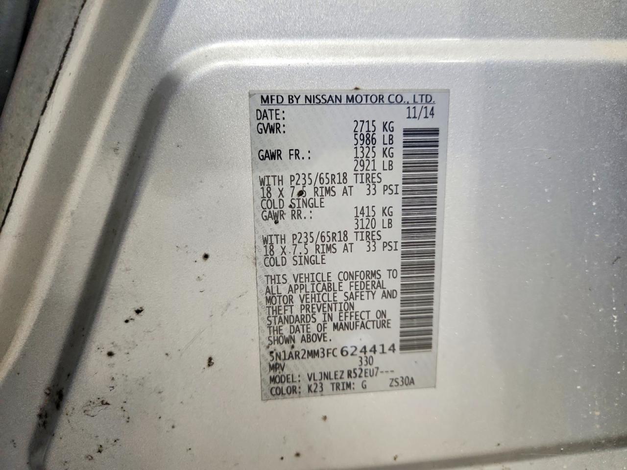 2015 Nissan Pathfinder Sv Silver vin: 5N1AR2MM3FC624414