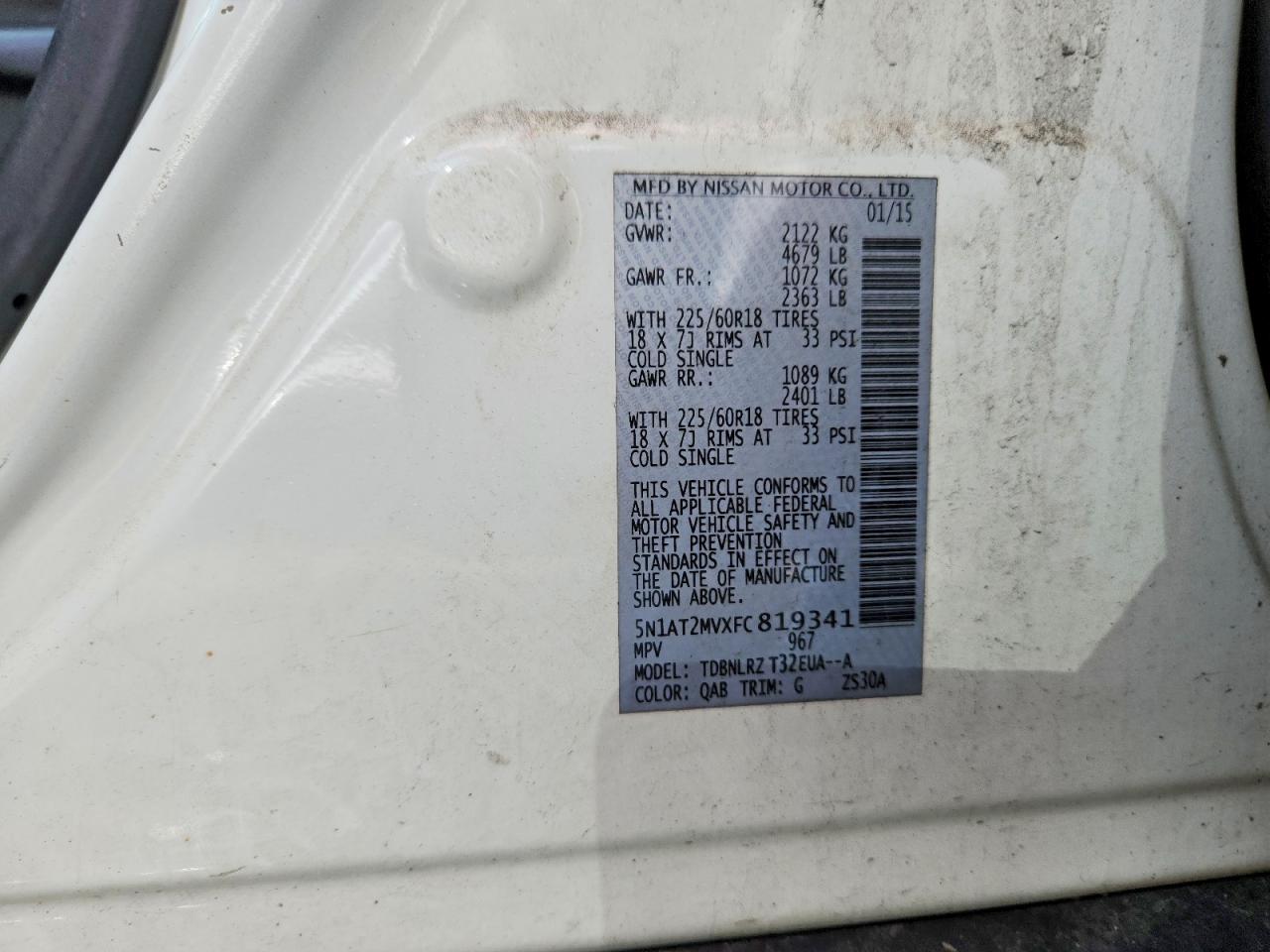 2015 Nissan Rogue Sl White vin: 5N1AT2MVXFC819341