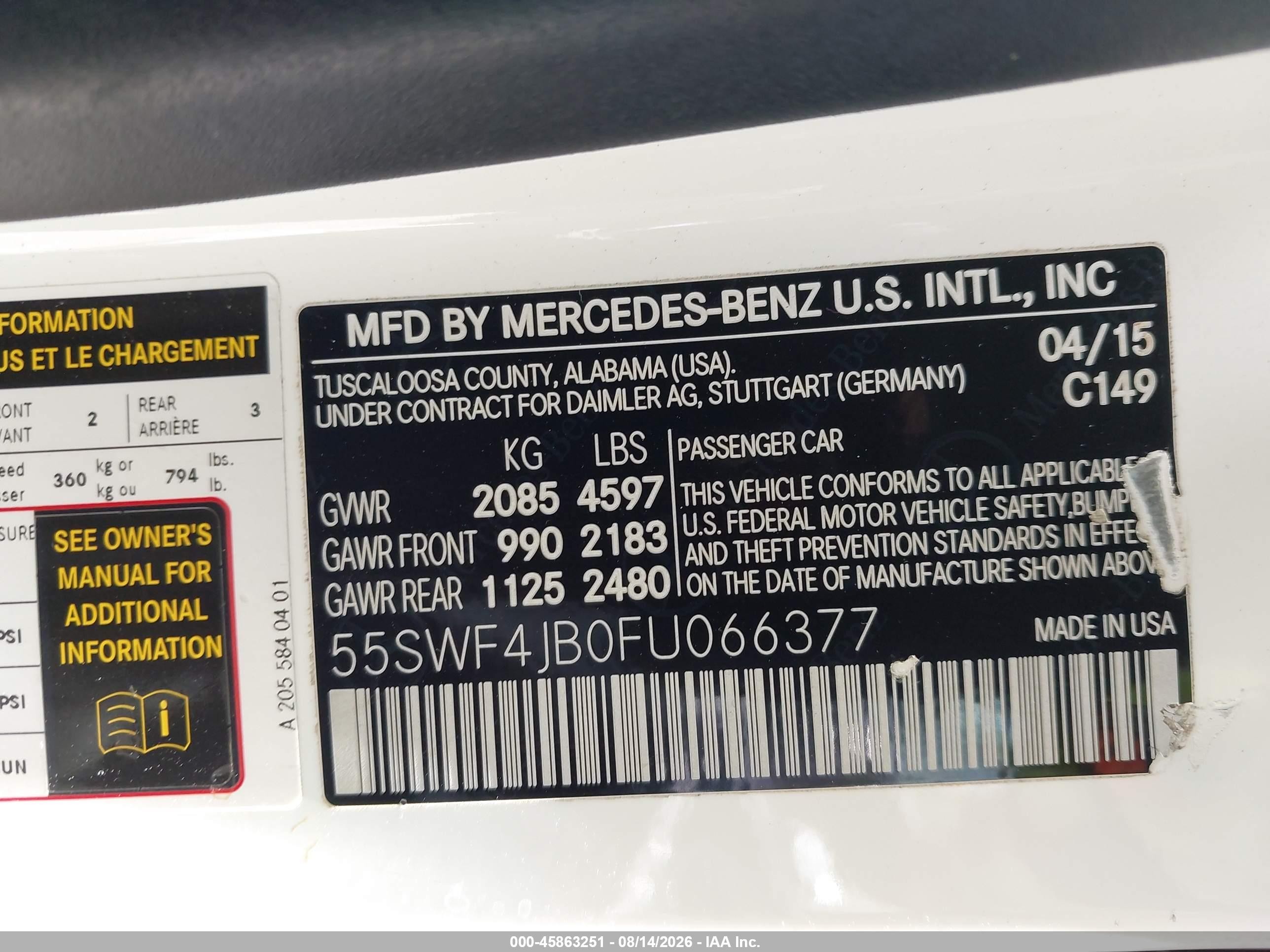 2015 Mercedes-benz C 300 White vin: 55SWF4JB0FU066377