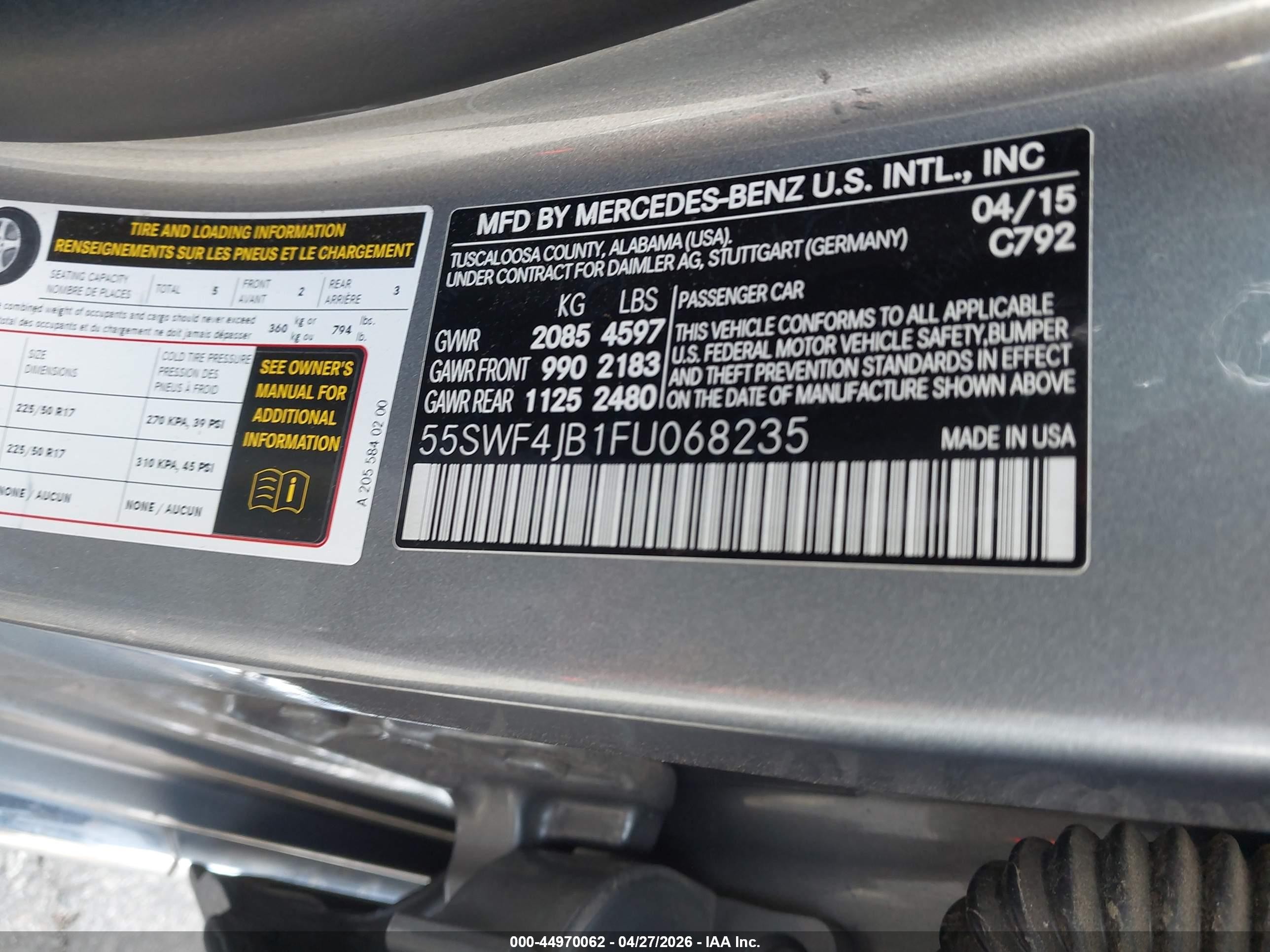 2015 Mercedes-benz C 300   Gray vin: 55SWF4JB1FU068235