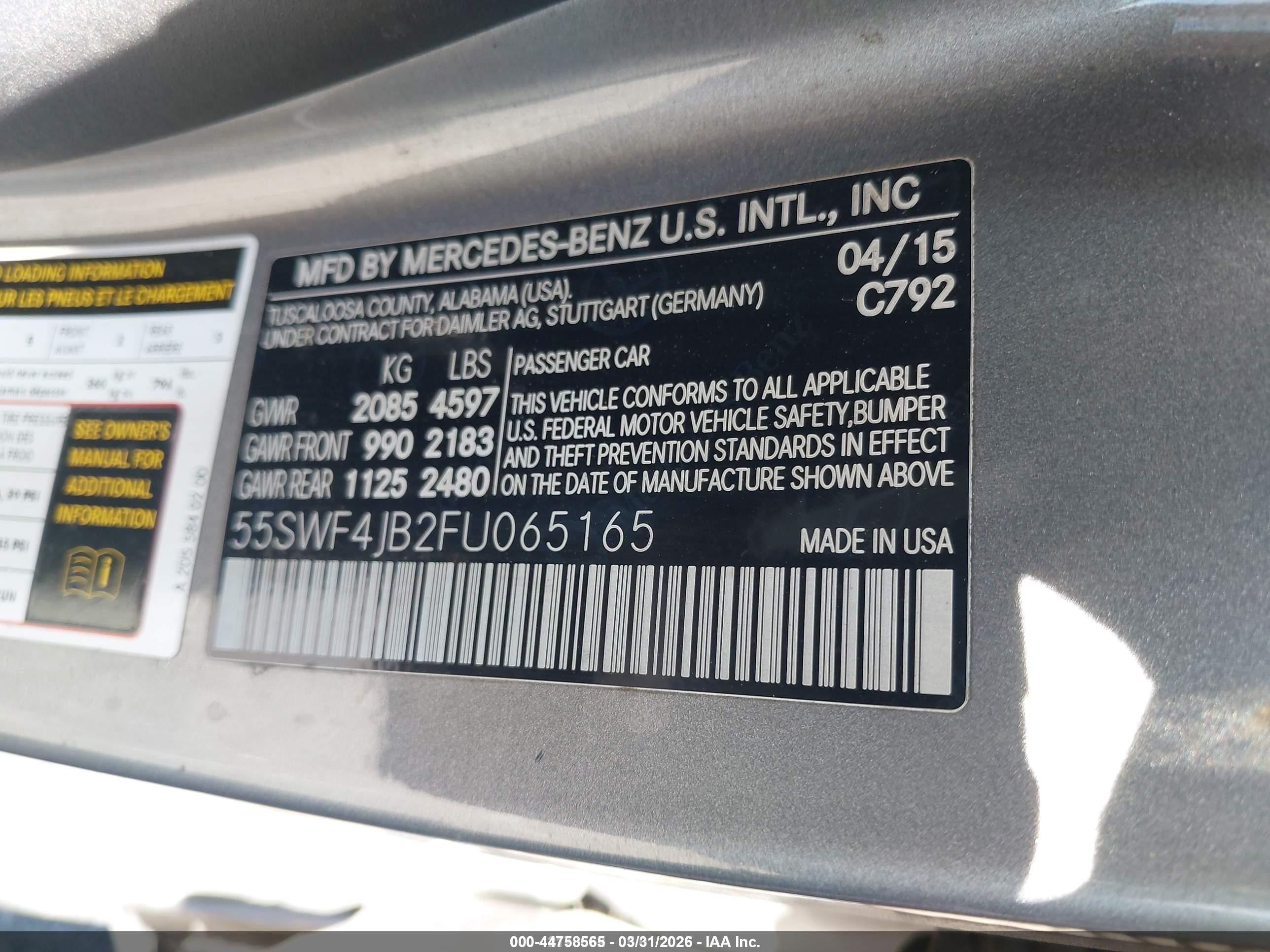 2015 Mercedes-benz C 300 Luxury/sport Серый vin: 55SWF4JB2FU065165