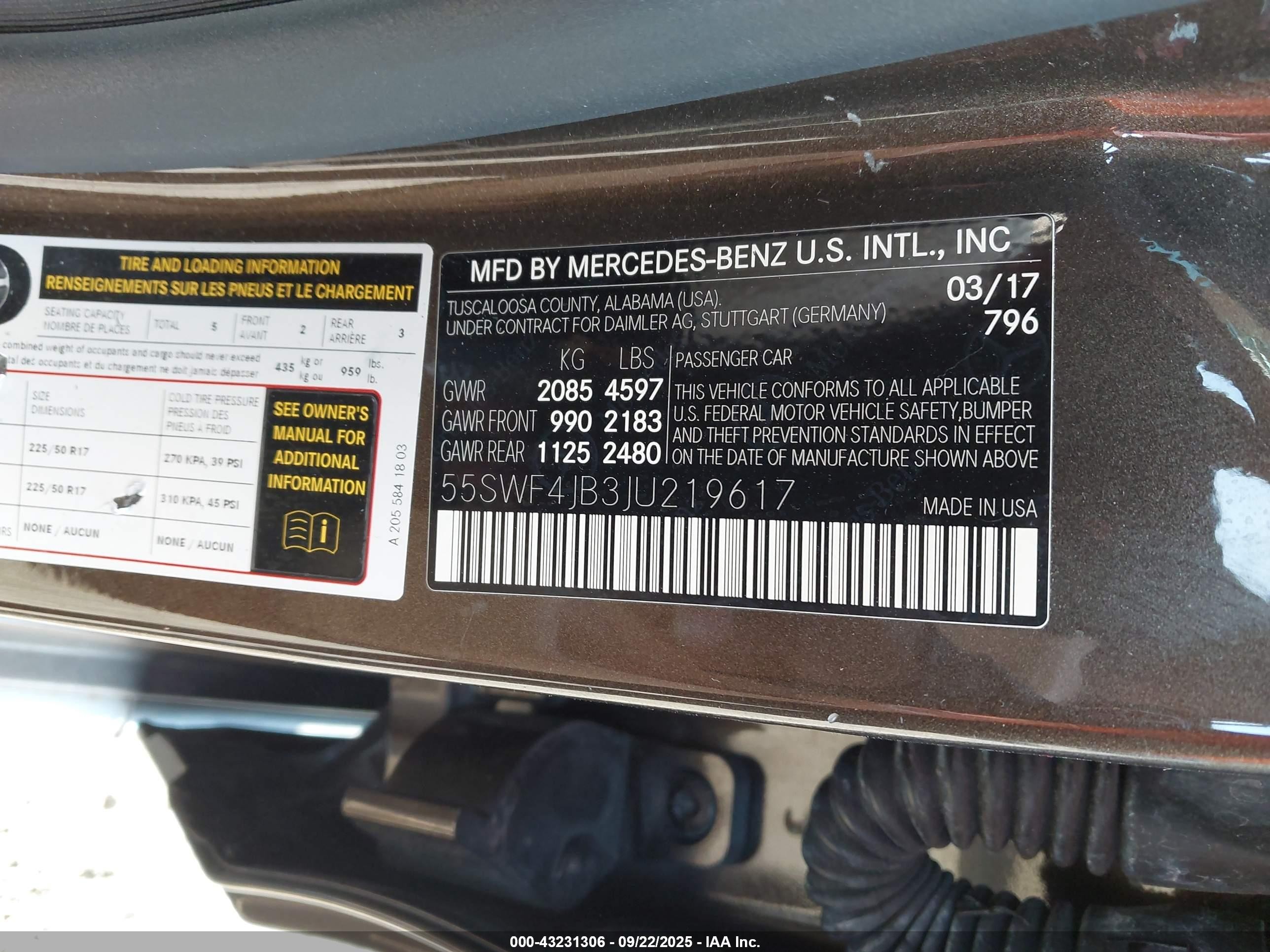 2018 Mercedes-benz C 300   Champagne vin: 55SWF4JB3JU219617