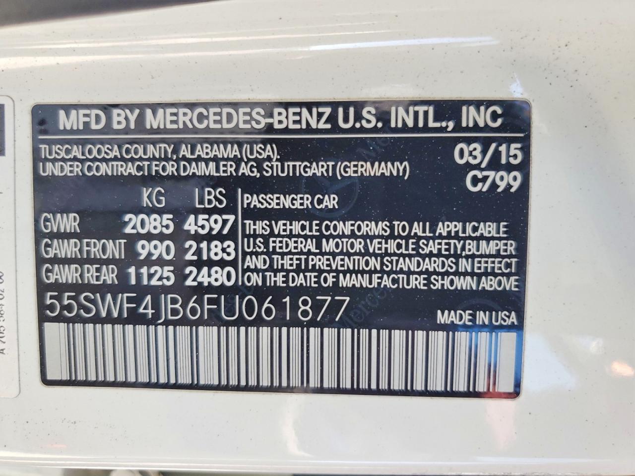 2015 Mercedes-benz C 300 White vin: 55SWF4JB6FU061877