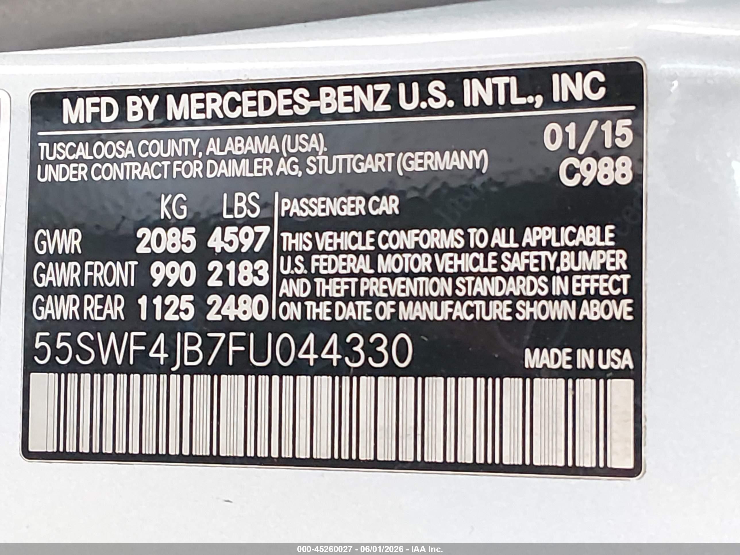 2015 Mercedes-benz C 300   Light Blue vin: 55SWF4JB7FU044330