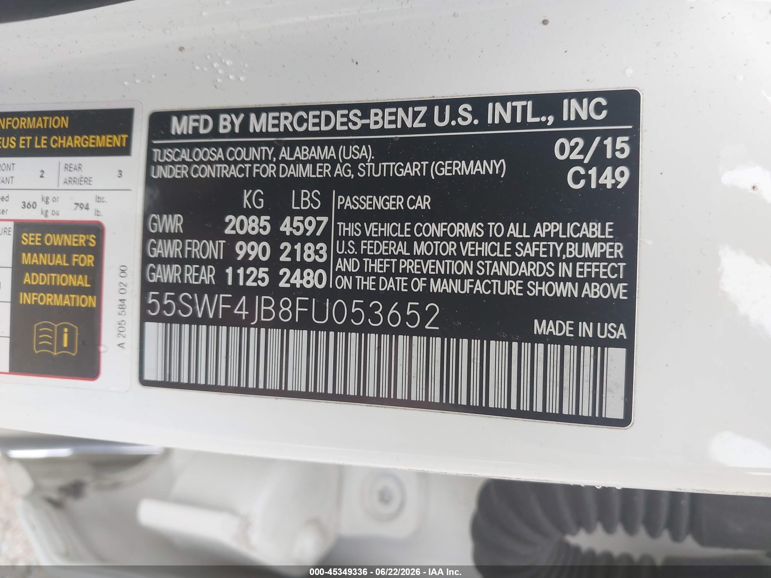 2015 Mercedes-benz C 300   White vin: 55SWF4JB8FU053652