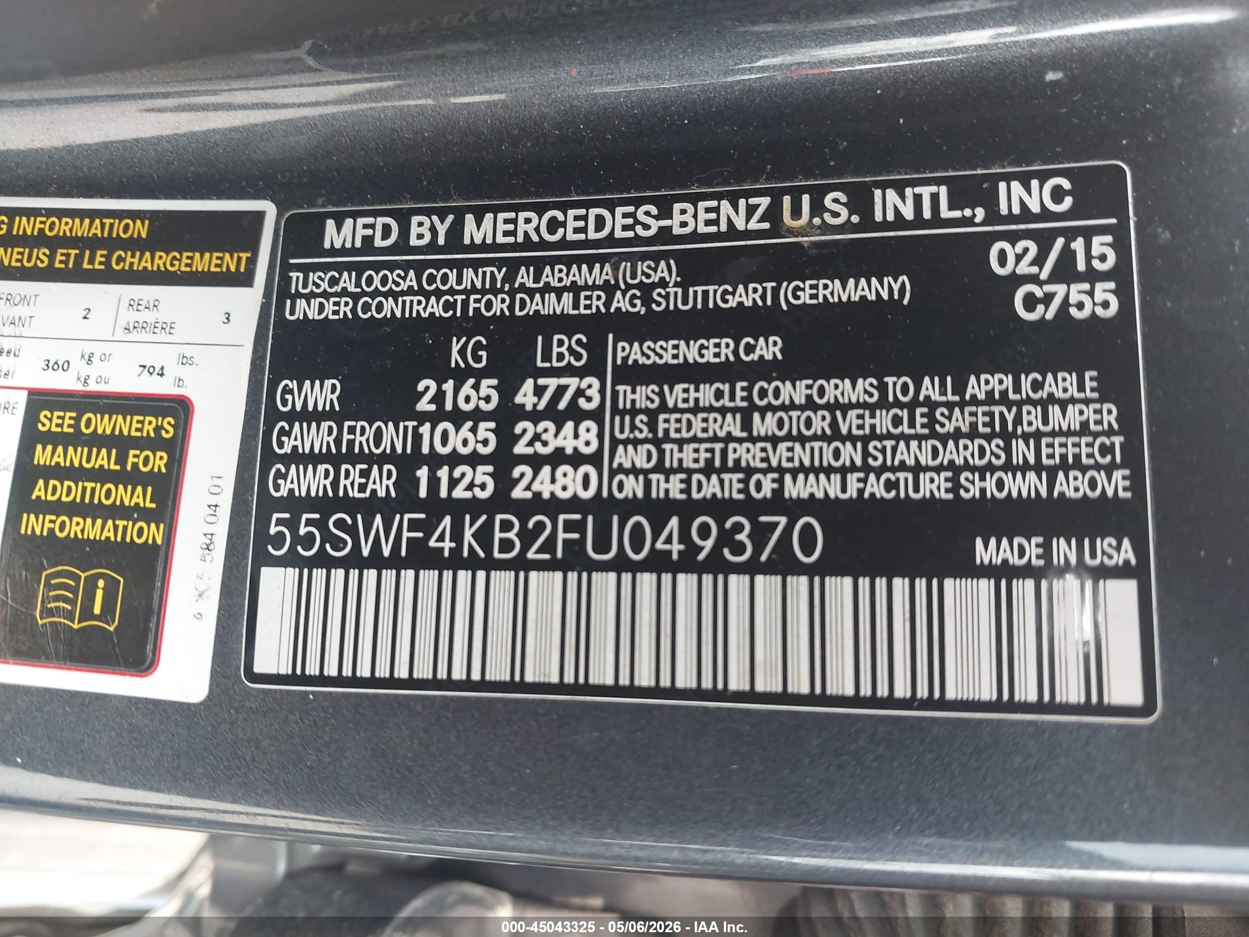 2015 Mercedes-benz C 300 4matic Gray vin: 55SWF4KB2FU049370