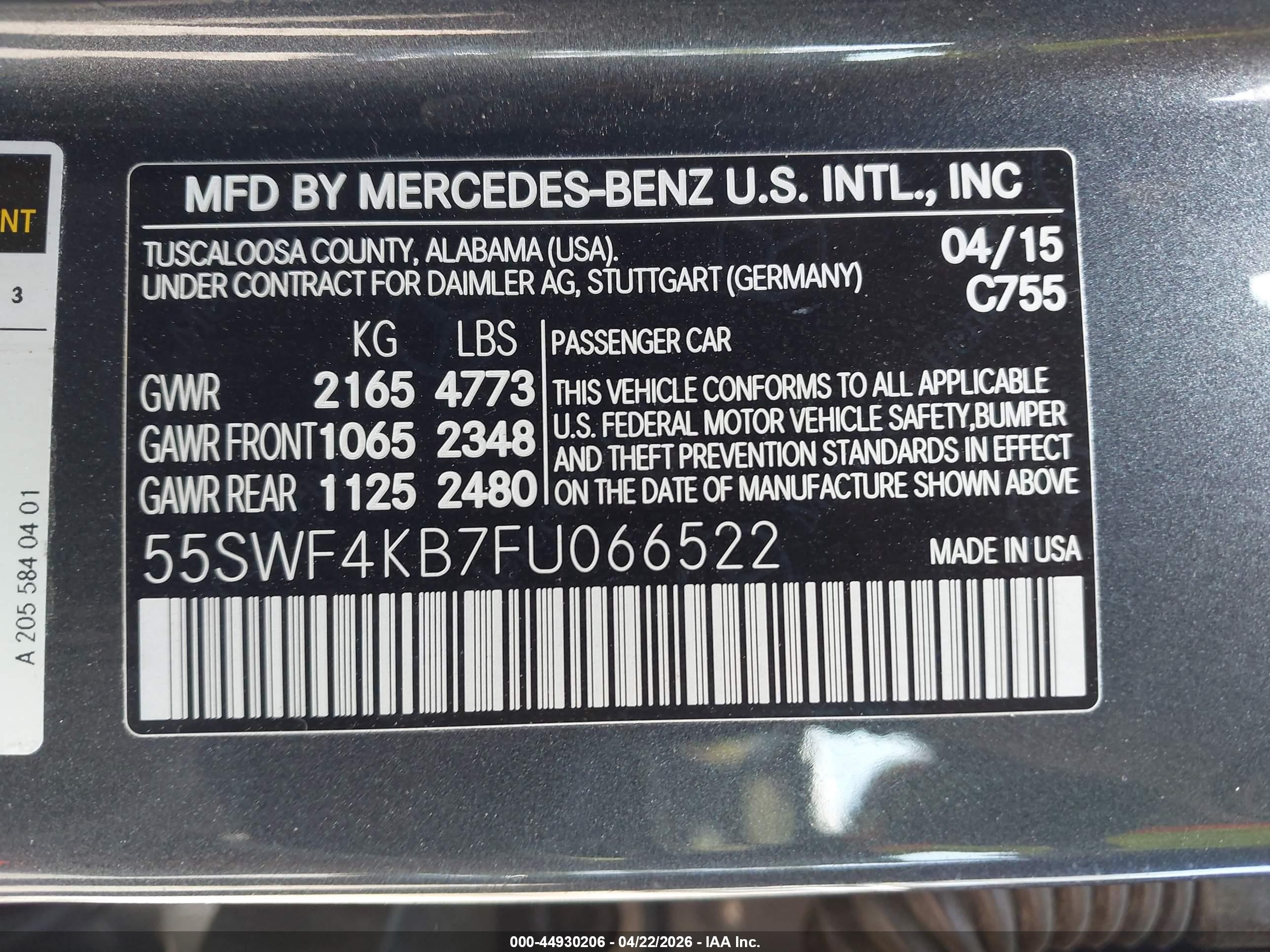 2015 Mercedes-benz C 300 4matic Серый vin: 55SWF4KB7FU066522