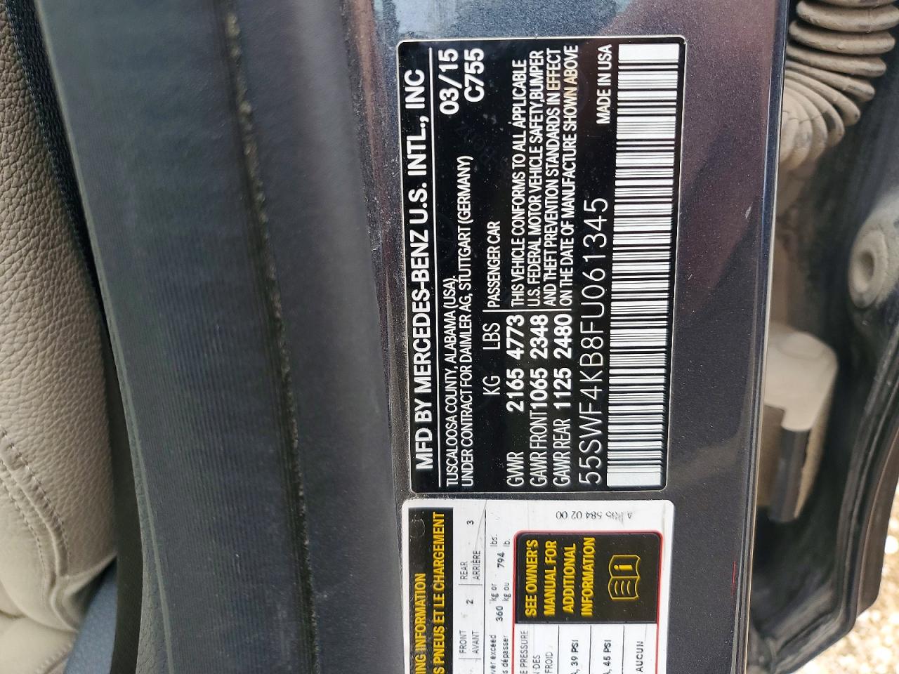 2015 Mercedes-benz C 300 4matic Charcoal vin: 55SWF4KB8FU061345