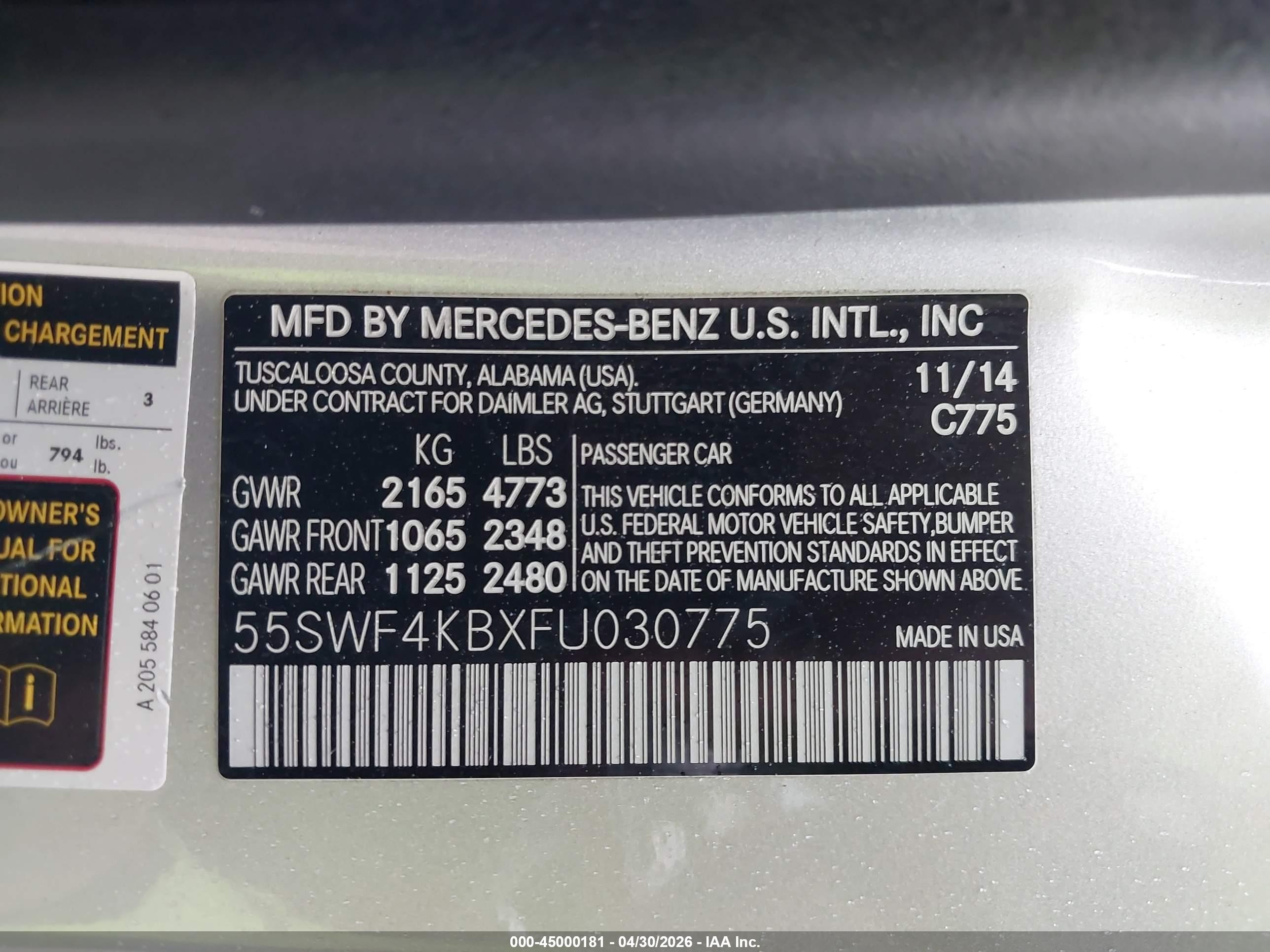 2015 Mercedes-benz C 300 Sport 4matic Silver vin: 55SWF4KBXFU030775