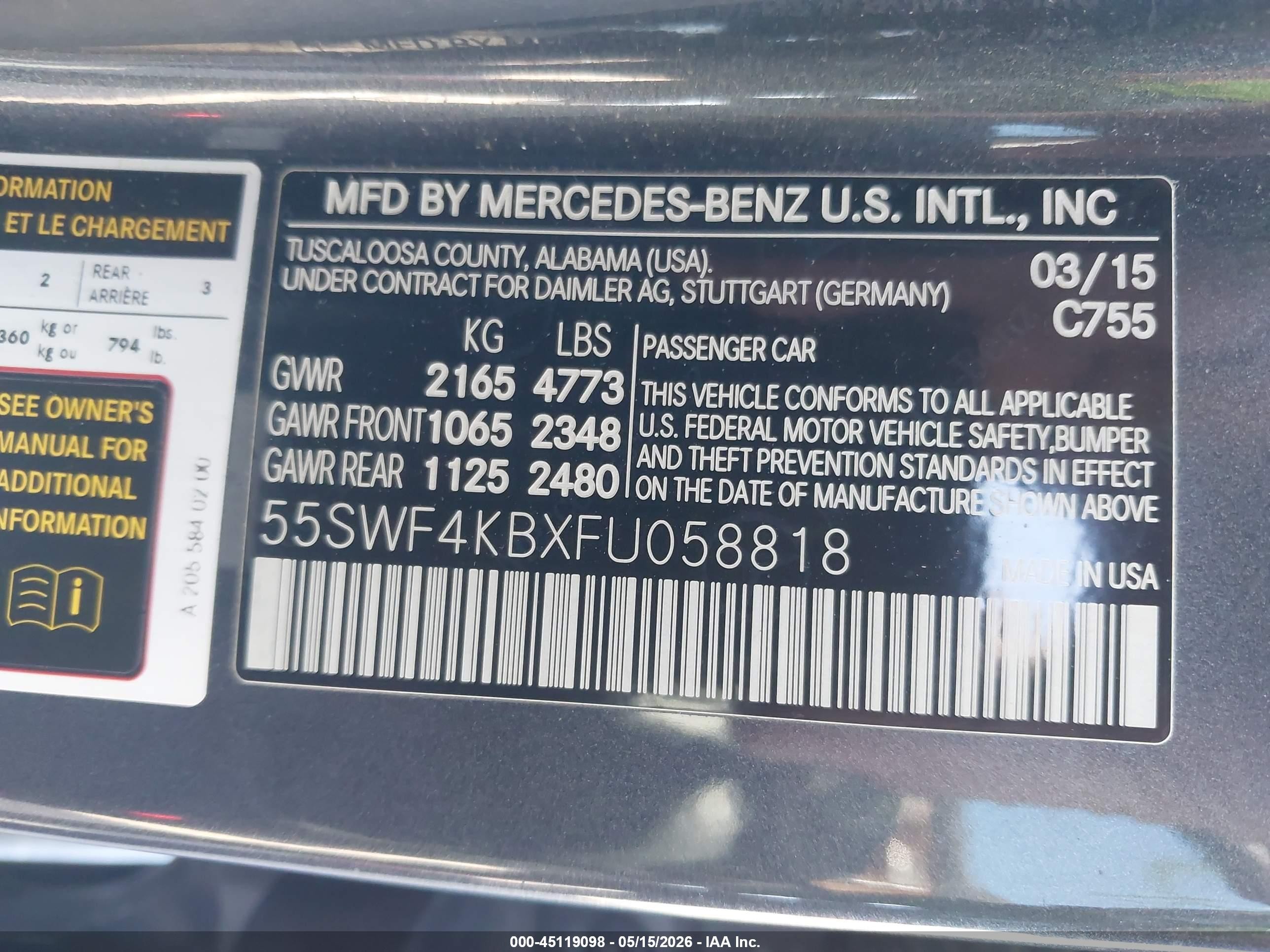 2015 Mercedes-benz C 300 4matic Серый vin: 55SWF4KBXFU058818