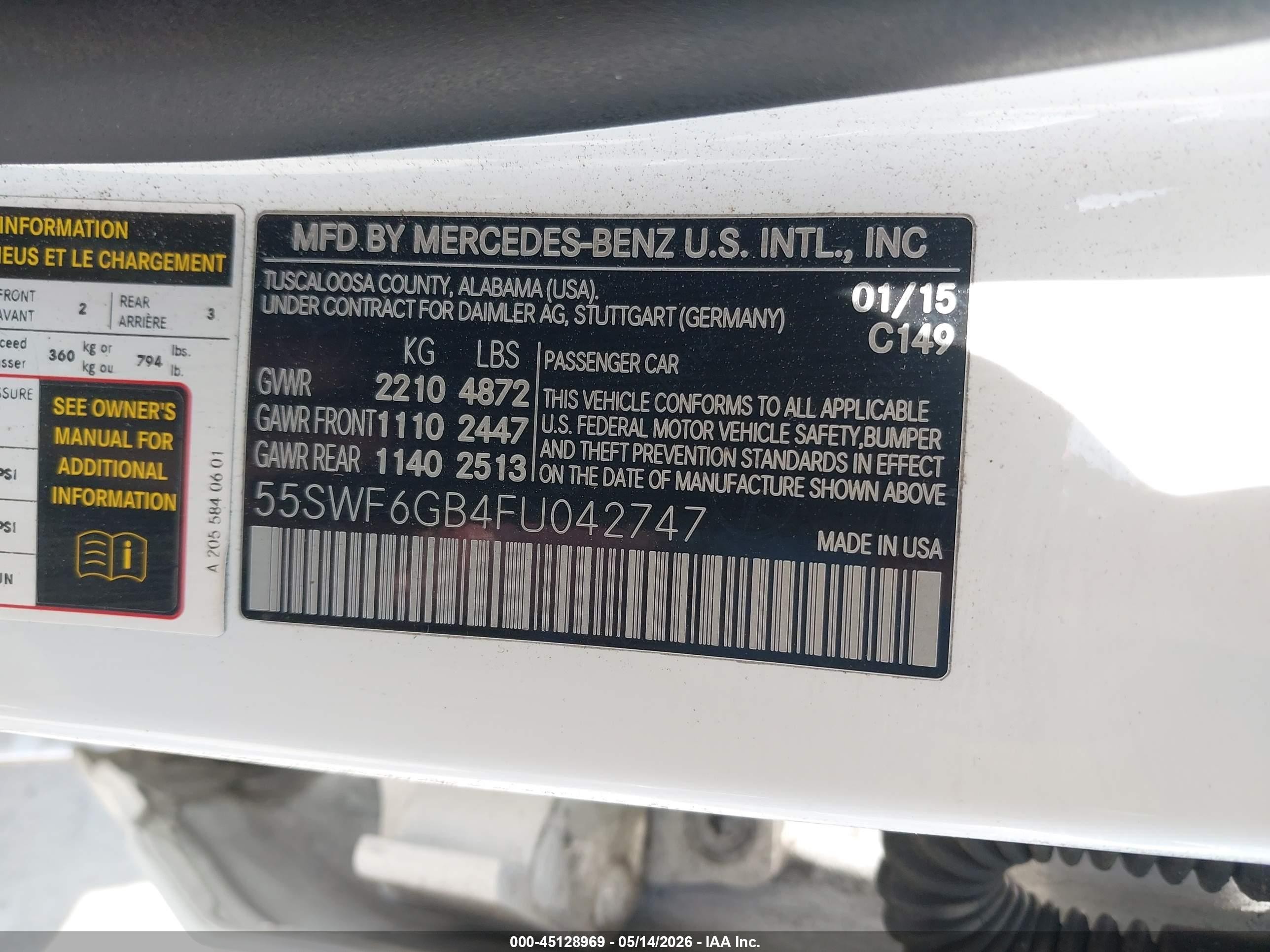 2015 Mercedes-benz C 400 4matic Белый vin: 55SWF6GB4FU042747