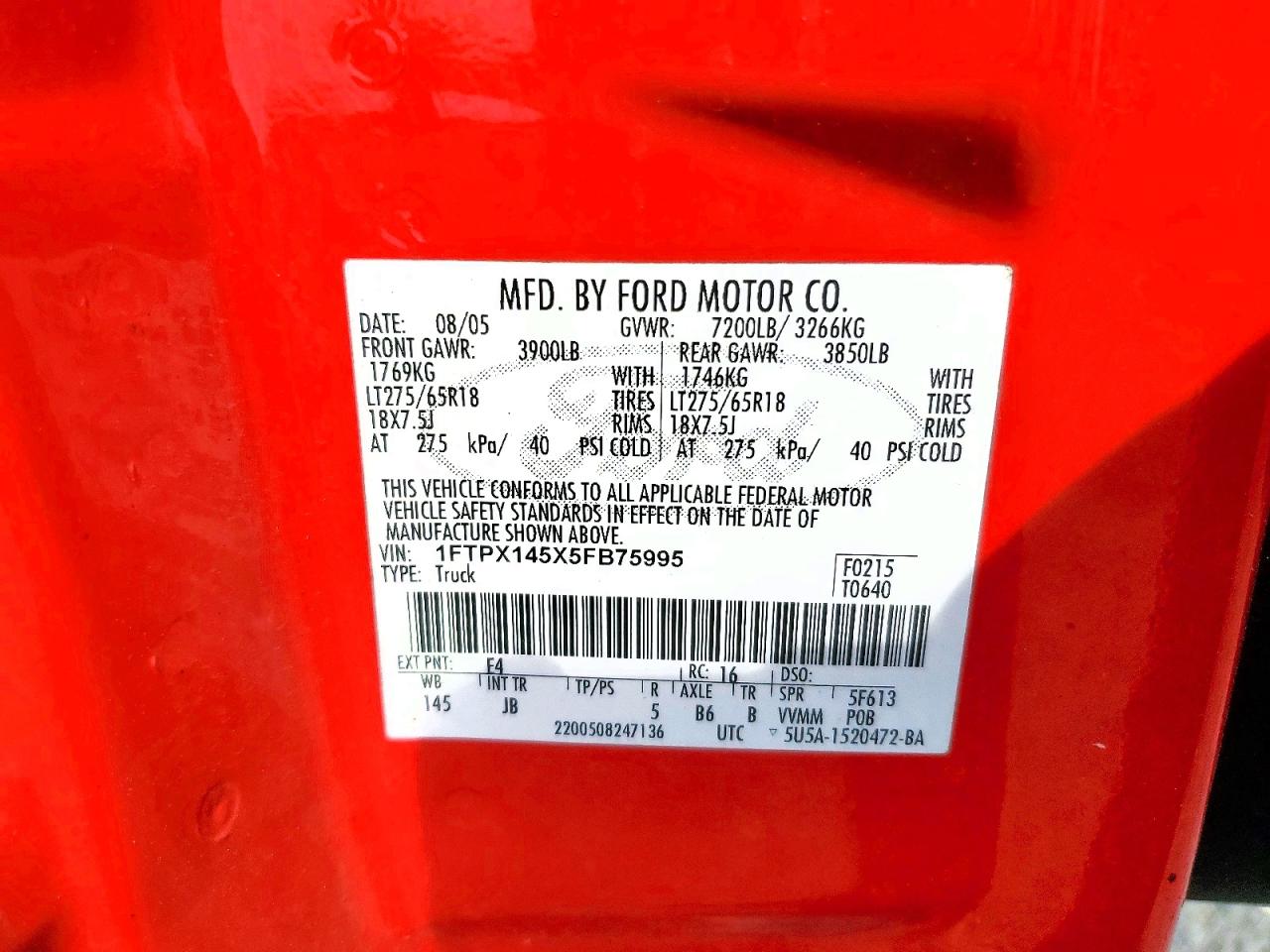 2005 Ford F150 Red vin: 1FTPX145X5FB75995