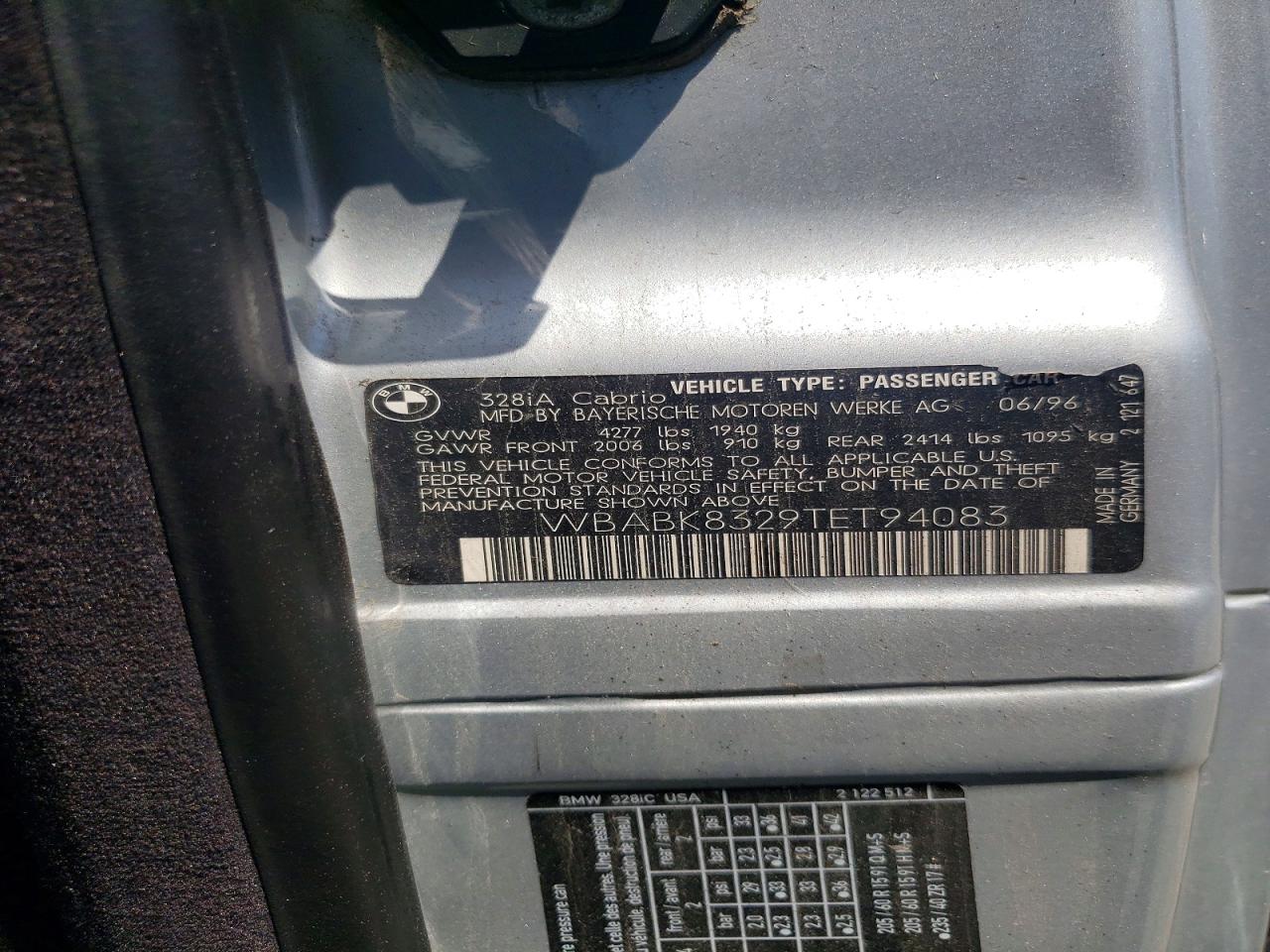 1996 Bmw 328 Ic Automatic Gray vin: WBABK8329TET94083