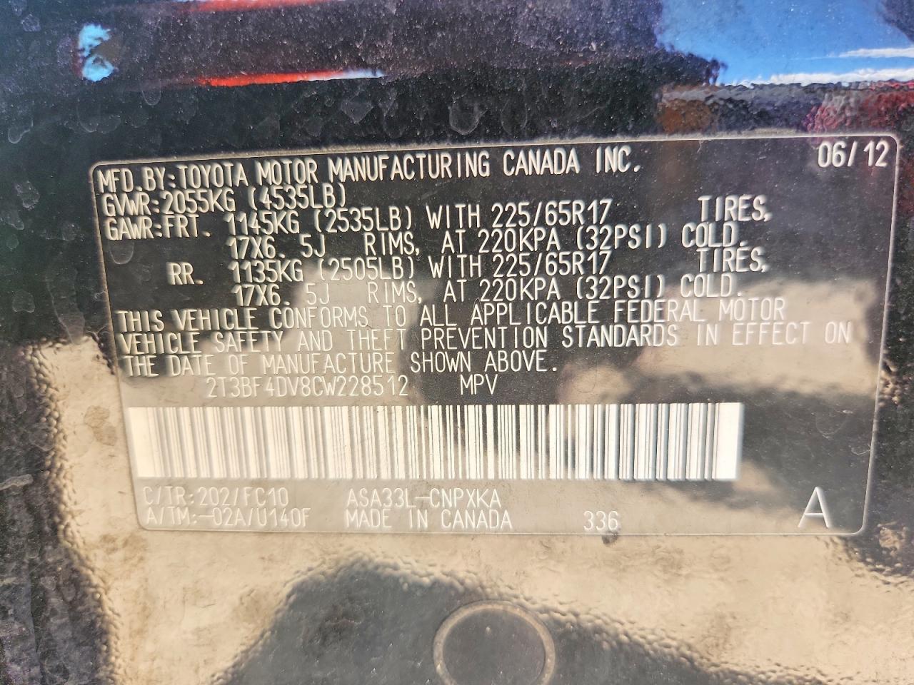 2012 Toyota Rav4 Base Black vin: 2T3BF4DV8CW228512