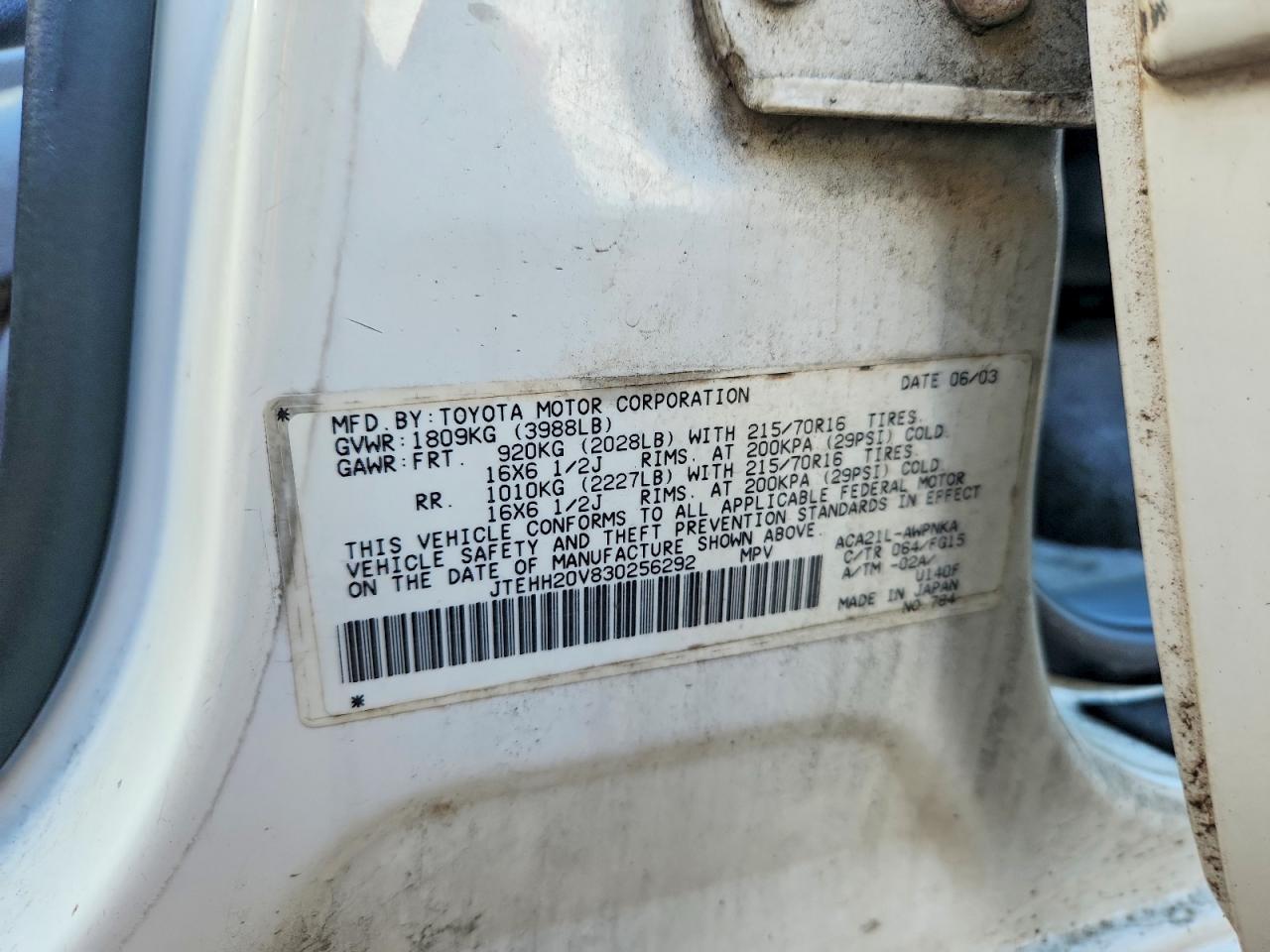 2003 Toyota Rav4 Base White vin: JTEHH20V830256292