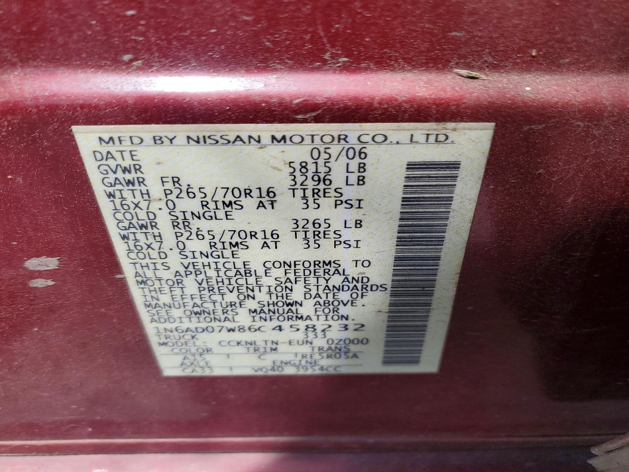 2006 Nissan Frontier Se Red vin: 1N6AD07W86C458232