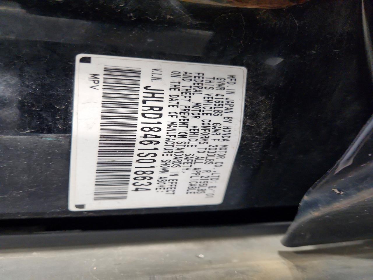 2001 Honda Cr-v Lx Черный vin: JHLRD18461S018634