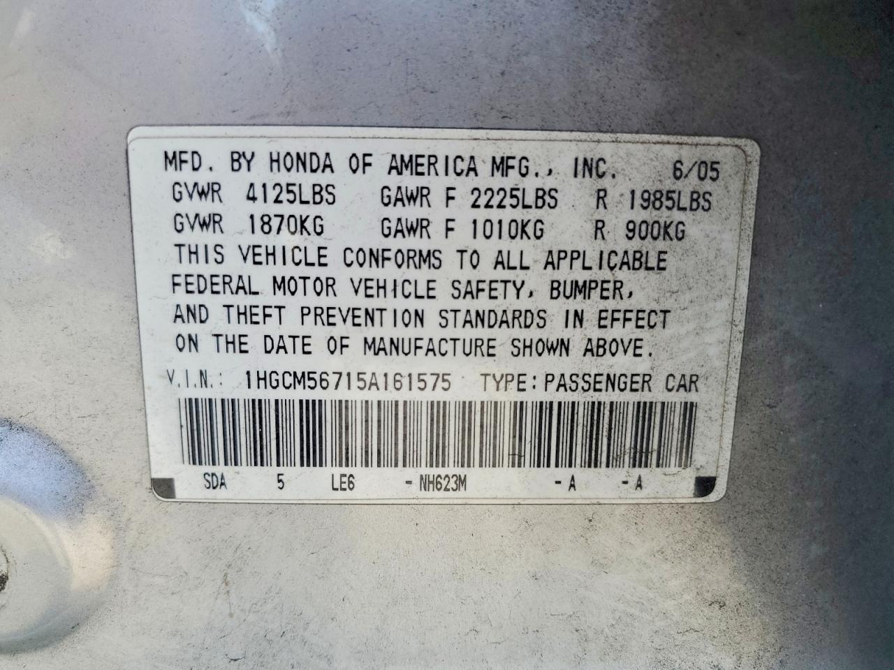 2005 Honda Accord Ex Серебряный vin: 1HGCM56715A161575