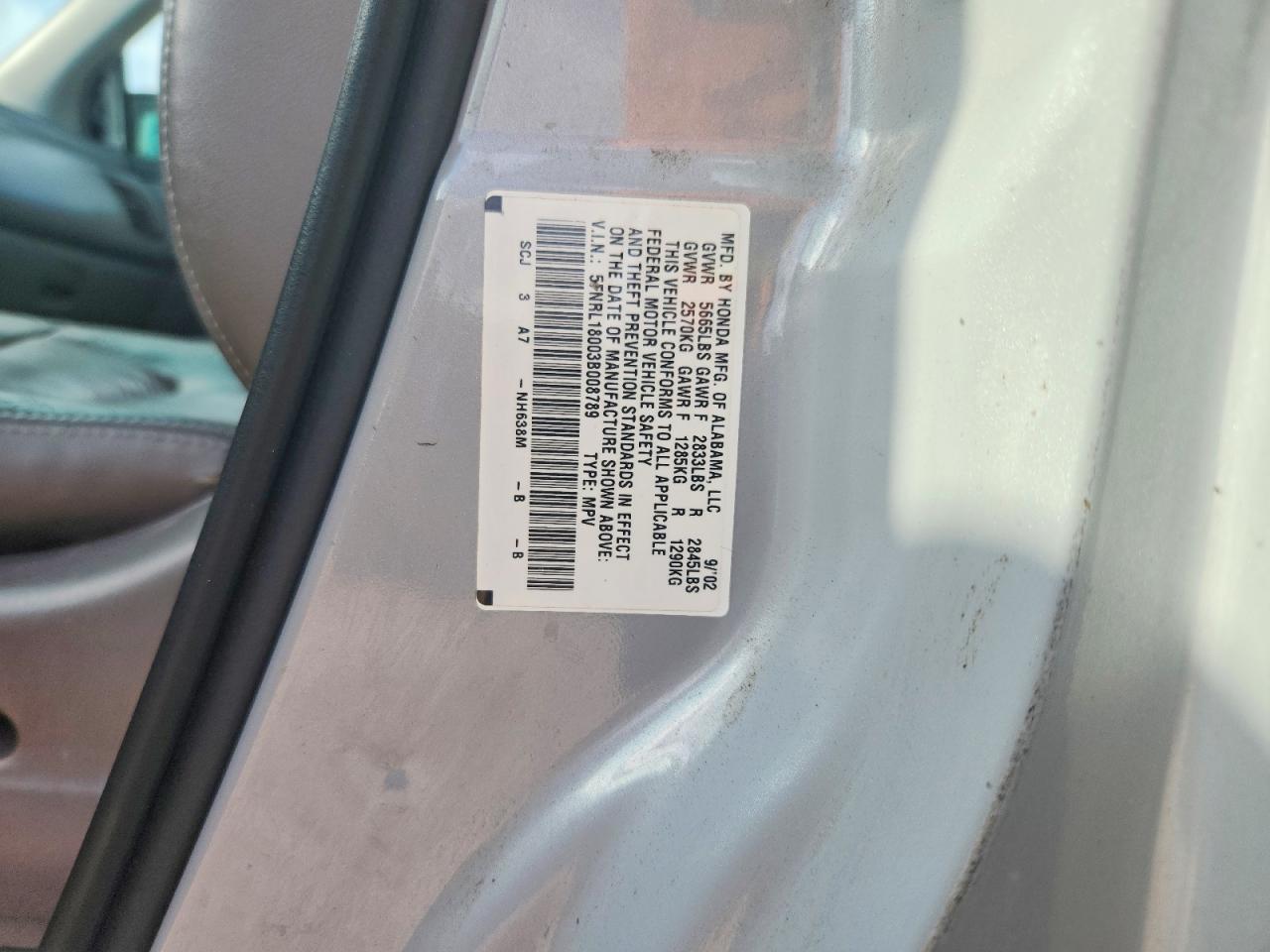 2003 Honda Odyssey Exl Silver vin: 5FNRL18003B008789