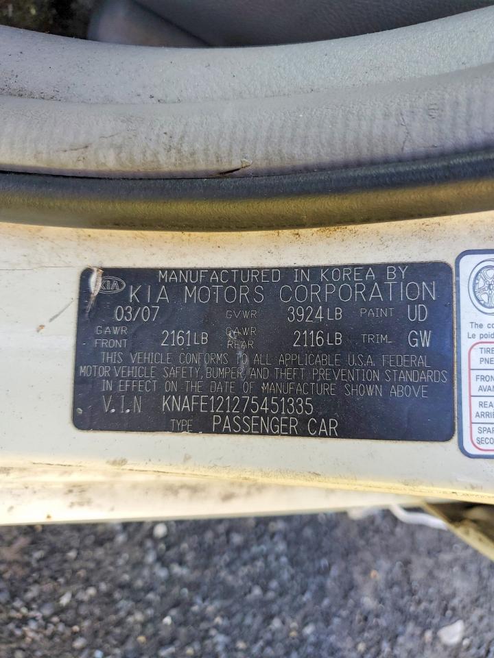 2007 Kia Spectra Lx White vin: KNAFE121275451335