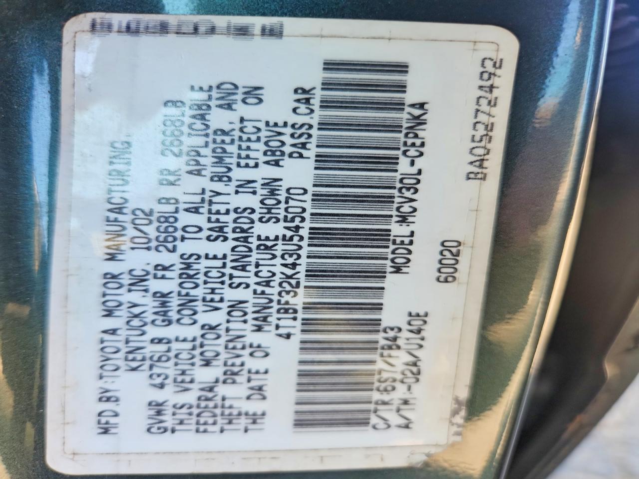 2003 Toyota Camry Le V6 Green vin: 4T1BF32K43U545070