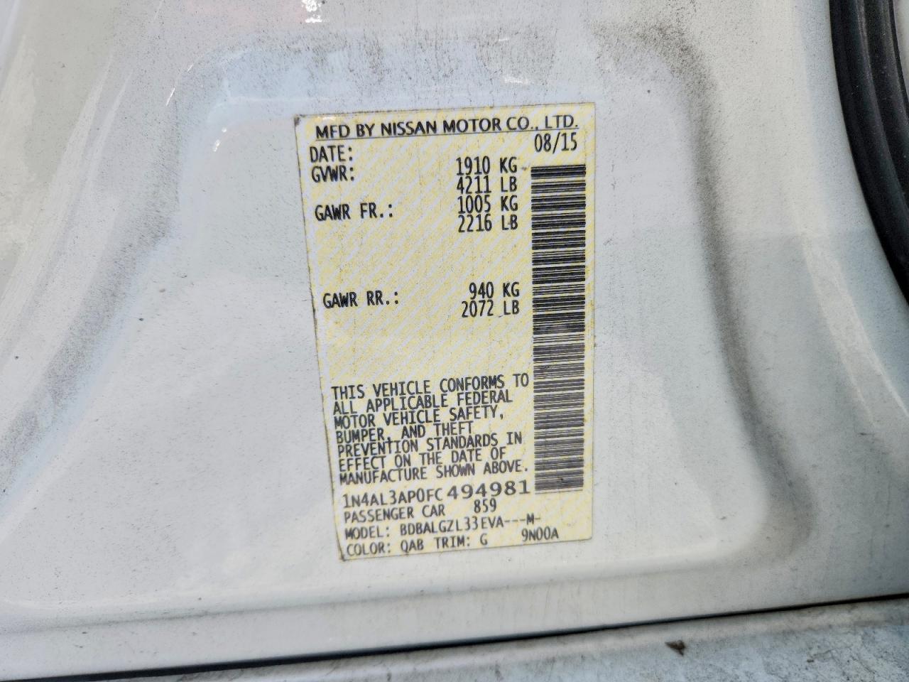 2015 Nissan Altima 2.5 S Белый vin: 1N4AL3AP0FC494981