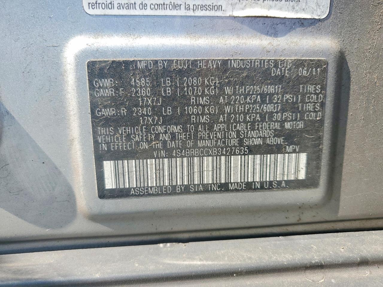 2011 Subaru Outback 2.5i Premium Silver vin: 4S4BRBCCXB3427635