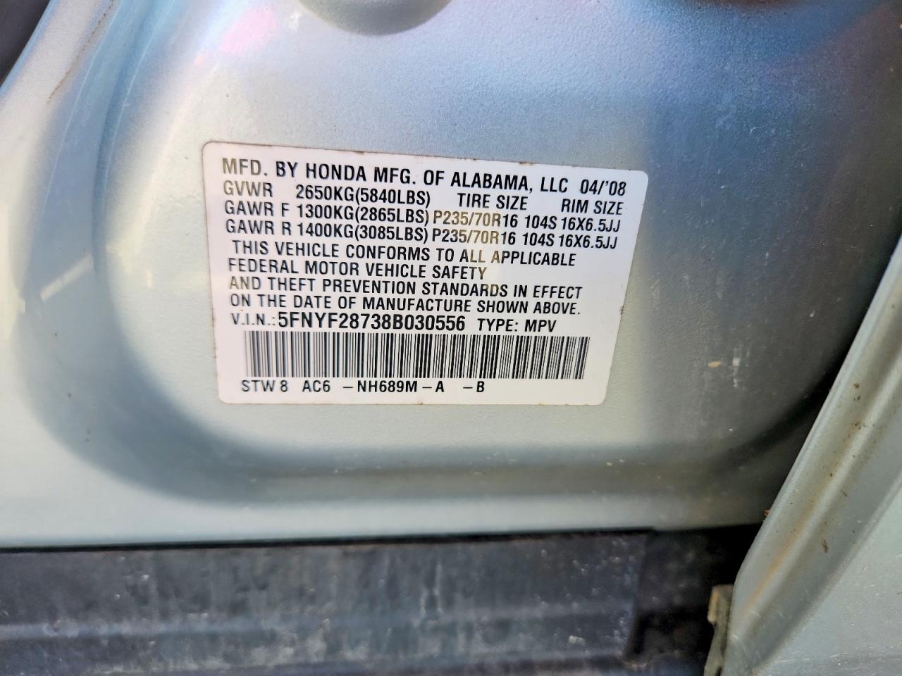 2008 Honda Pilot Exl Silver vin: 5FNYF28738B030556