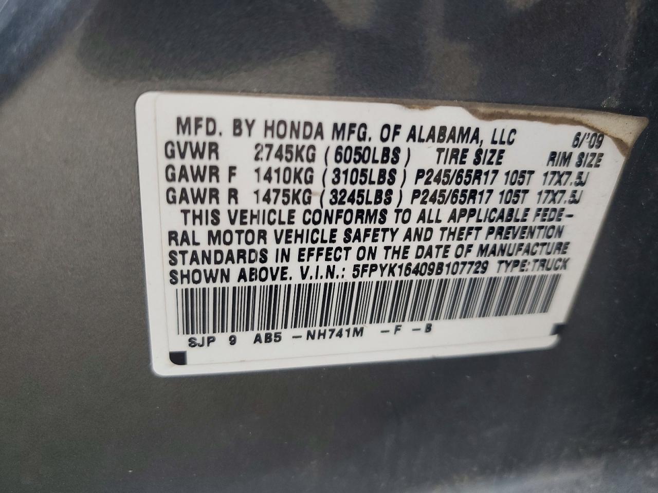 2009 Honda Ridgeline Rts Gray vin: 5FPYK16409B107729