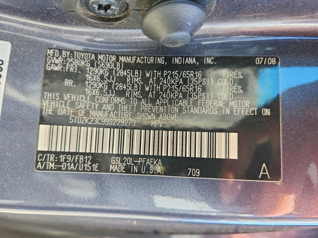 2009 Toyota Sienna Ce 7-passenger Синий vin: 5TDZK23C99S229273