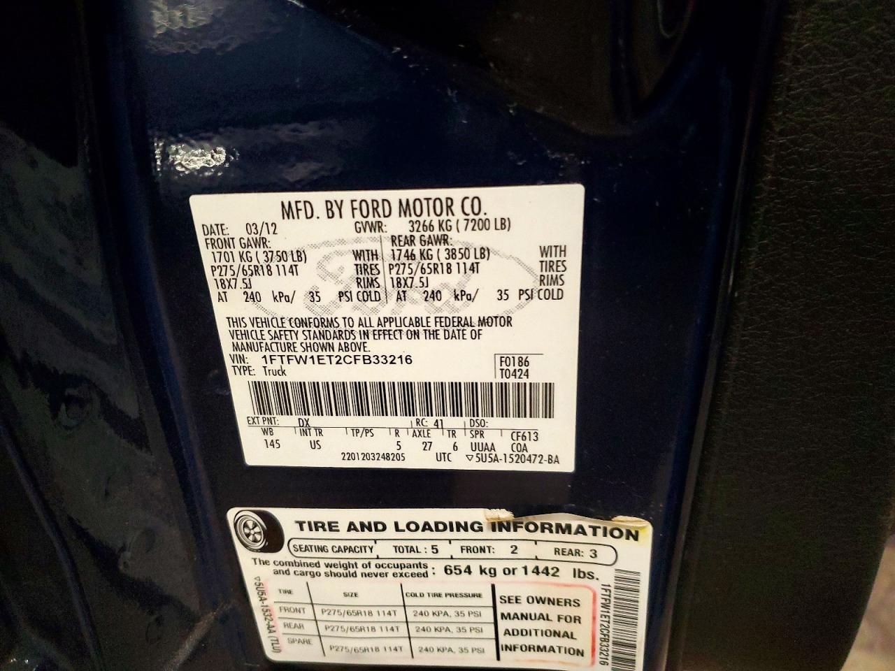 2012 Ford F150 Supercrew Blue vin: 1FTFW1ET2CFB33216