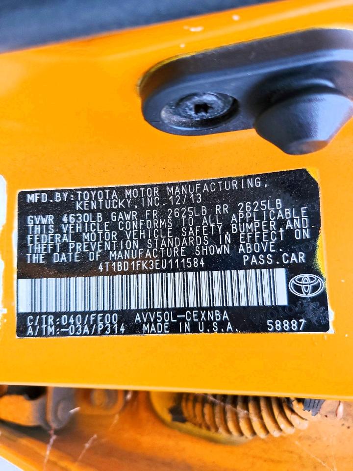 2014 Toyota Camry Hybrid Le Yellow vin: 4T1BD1FK3EU111584