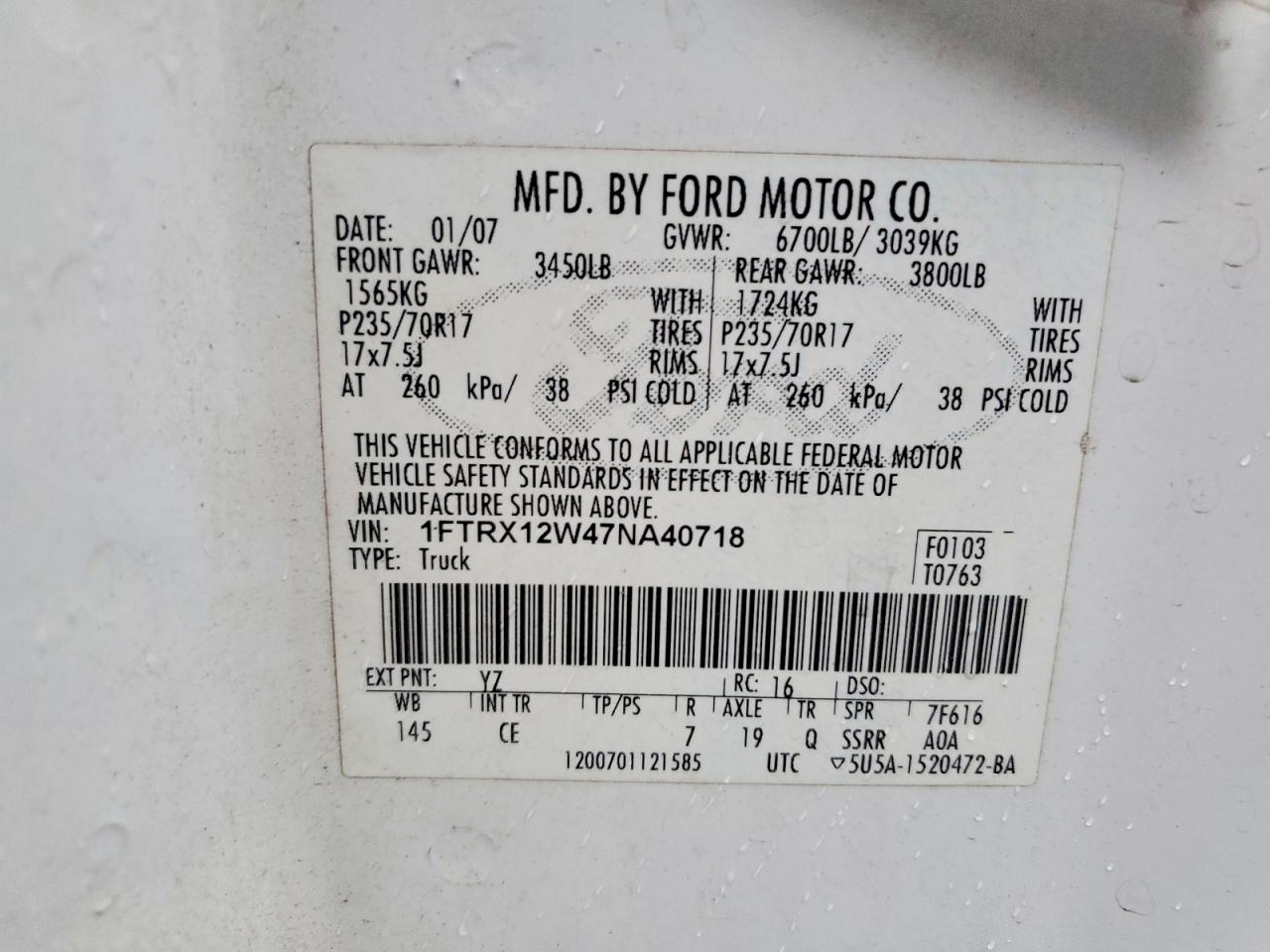 2007 Ford F150 Белый vin: 1FTRX12W47NA40718