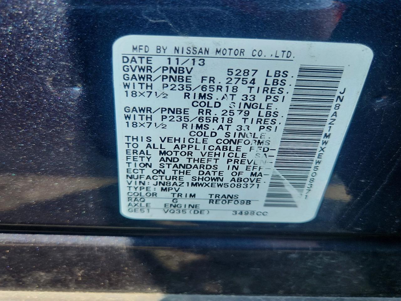 2014 Nissan Murano Sl Blue vin: JN8AZ1MWXEW508371