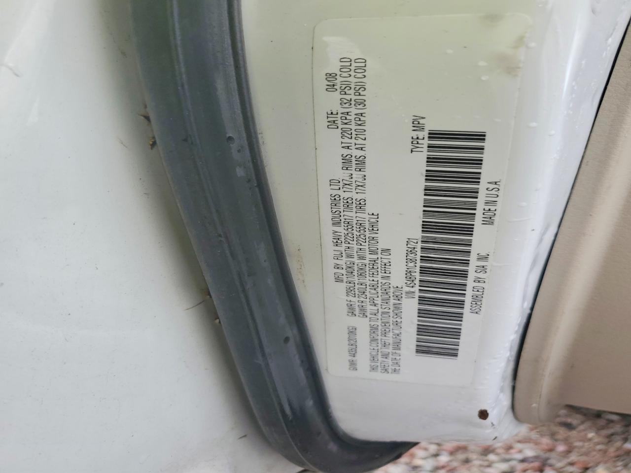 2008 Subaru Outback 2.5i White vin: 4S4BP61C387364721