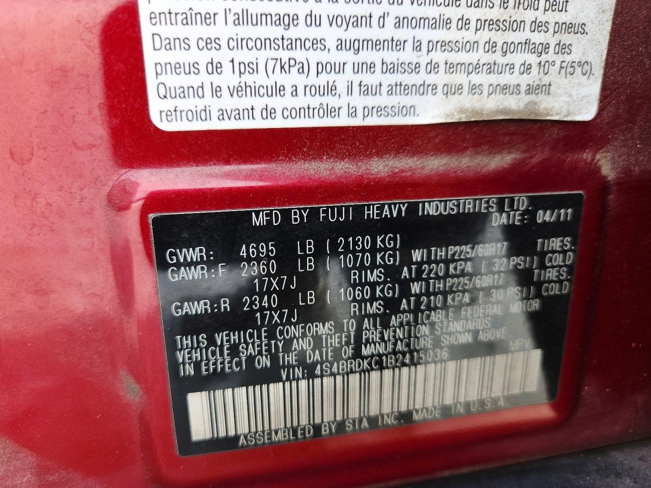 2011 Subaru Outback 3.6r Limited Red vin: 4S4BRDKC1B2415036