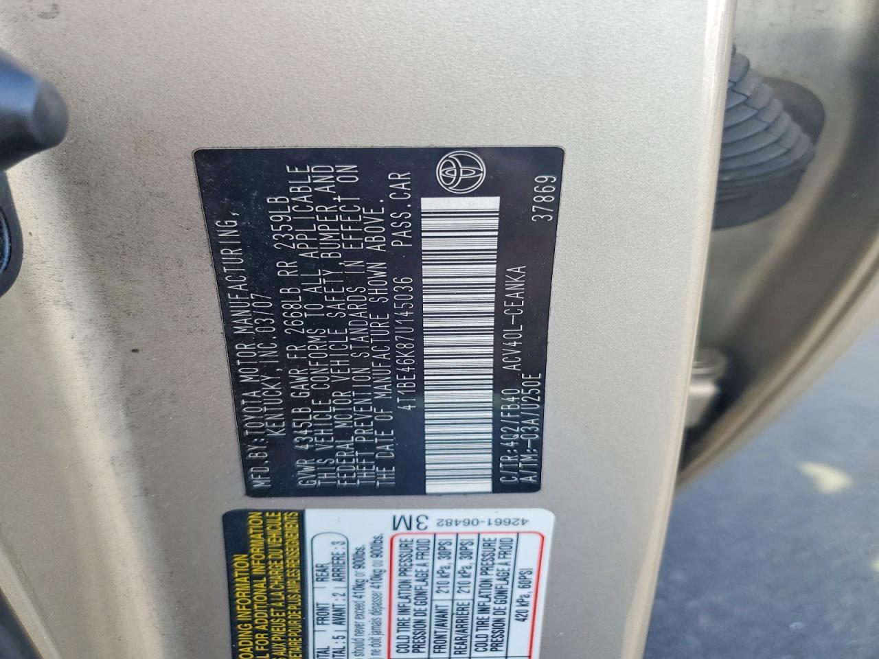 2007 Toyota Camry Le Gold vin: 4T1BE46K87U145036