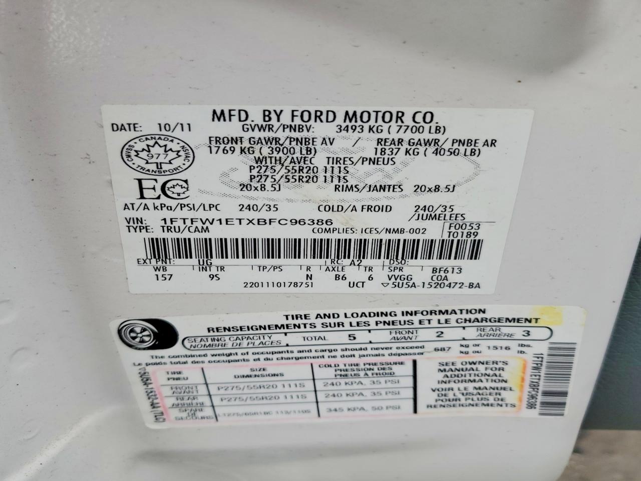 2011 Ford F150 Supercrew White vin: 1FTFW1ETXBFC96386