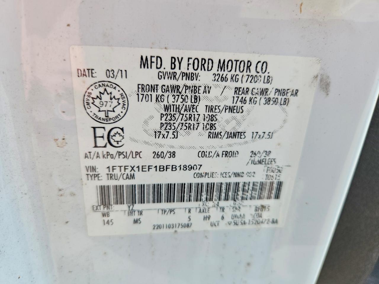 2011 Ford F150 Super Cab White vin: 1FTFX1EF1BFB18907