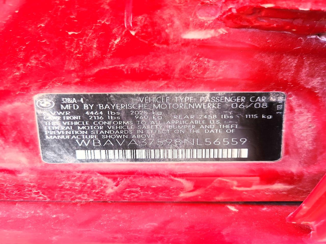 2008 Bmw 328 I Red vin: WBAVA37598NL56559