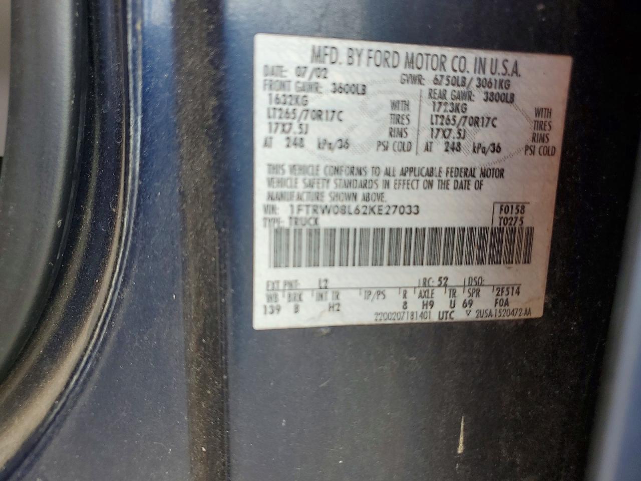 2002 Ford F150 Supercrew Blue vin: 1FTRW08L62KE27033