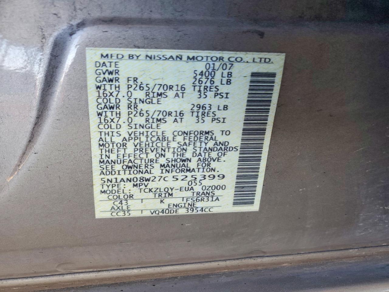 2007 Nissan Xterra X Brown vin: 5N1AN08W27C525399