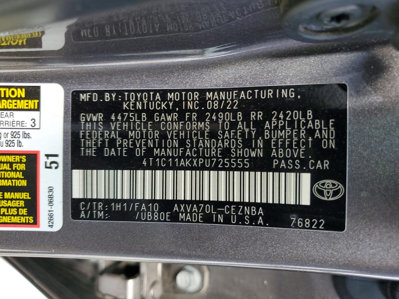 2023 Toyota Camry Le Gray vin: 4T1C11AKXPU725555