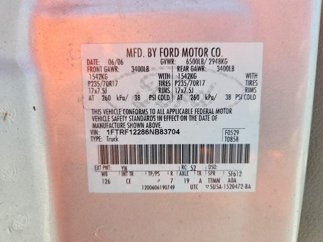 2006 Ford F150 Silver vin: 1FTRF12286NB83704